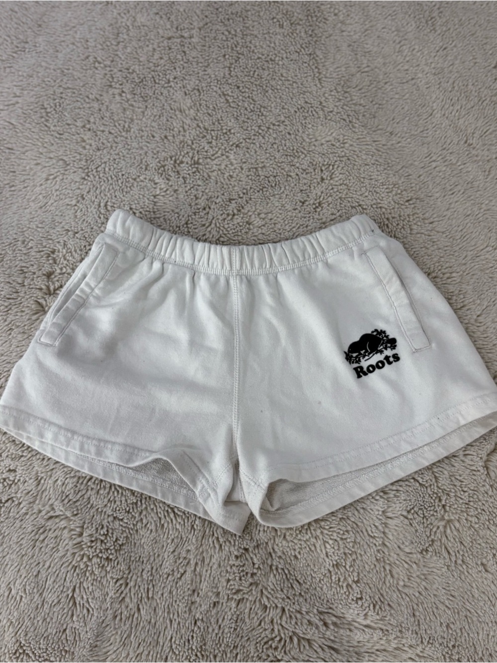 Roots White Organic Original Terry Sweat Shorts with Forest Green Logo